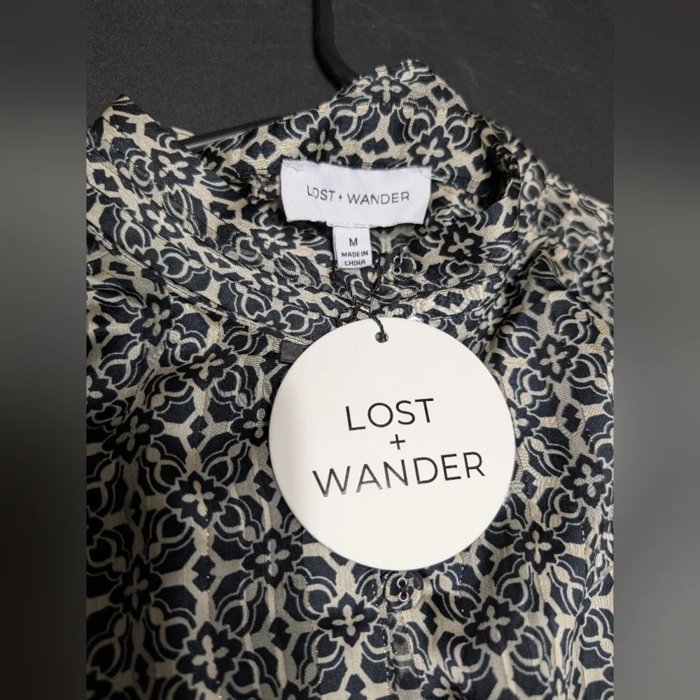 Lost+Wander Mira Black and Cream Button Front Bishop Puff Sleeve Blouson Dress M
